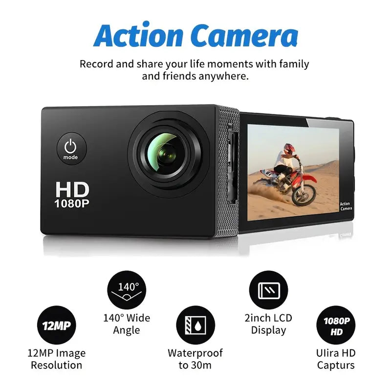 HD 1080P Sport Action Camera with 2-inch LCD Screen and Waterproof Housing