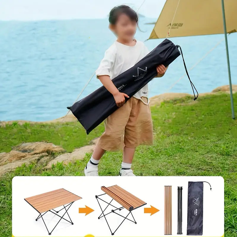 Portable Folding Outdoor Picnic Table - Aluminum Alloy, Wood Color