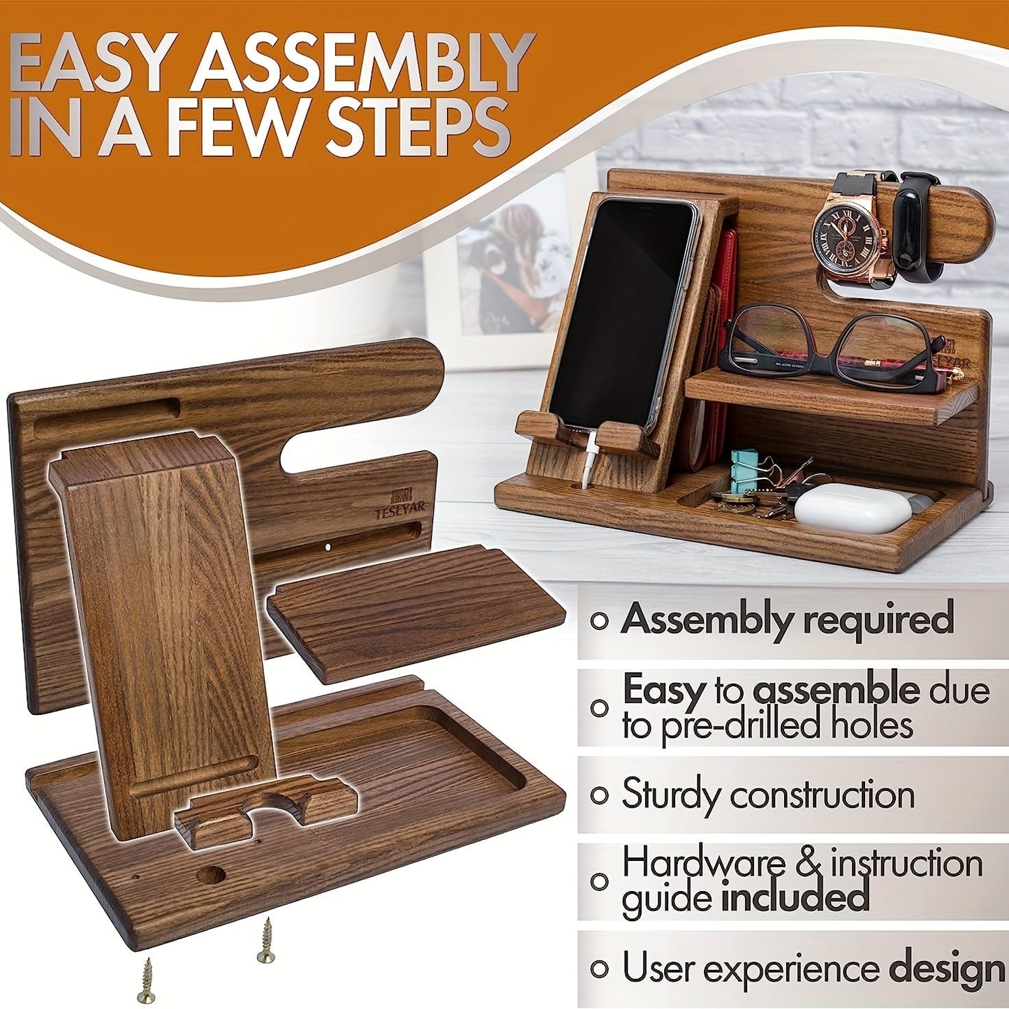 Wooden Phone & Watch Holder, Key & Wallet Organizer