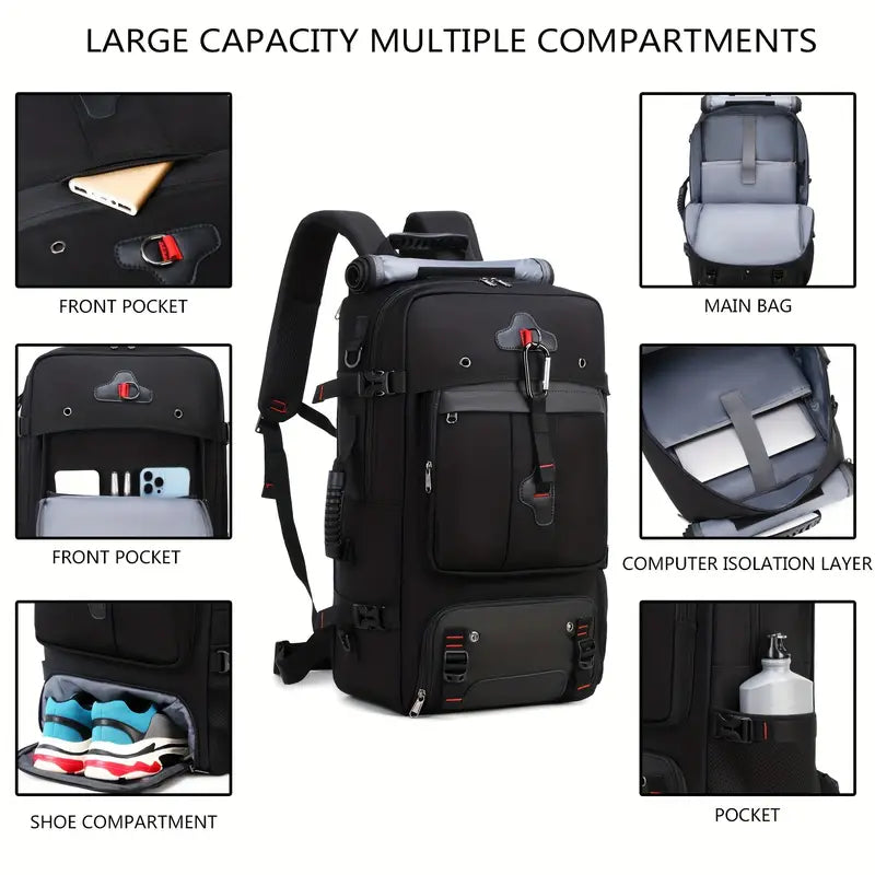 50L Large Capacity Waterproof Hiking Backpack with Shoe Compartment - Black