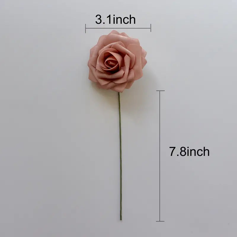 Dusty Rose Artificial Roses Flowers (25pcs) - Real Touch PE Foam, Flexible Wire Stems