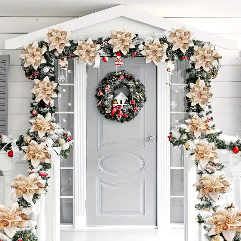 12pcs Glitter Christmas Tree Poinsettias - Festive Decorations with Clips and Stems