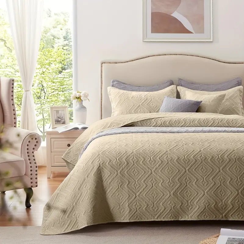 Beige Microfiber 3-Piece 150GSM Bedspread Set - King Size