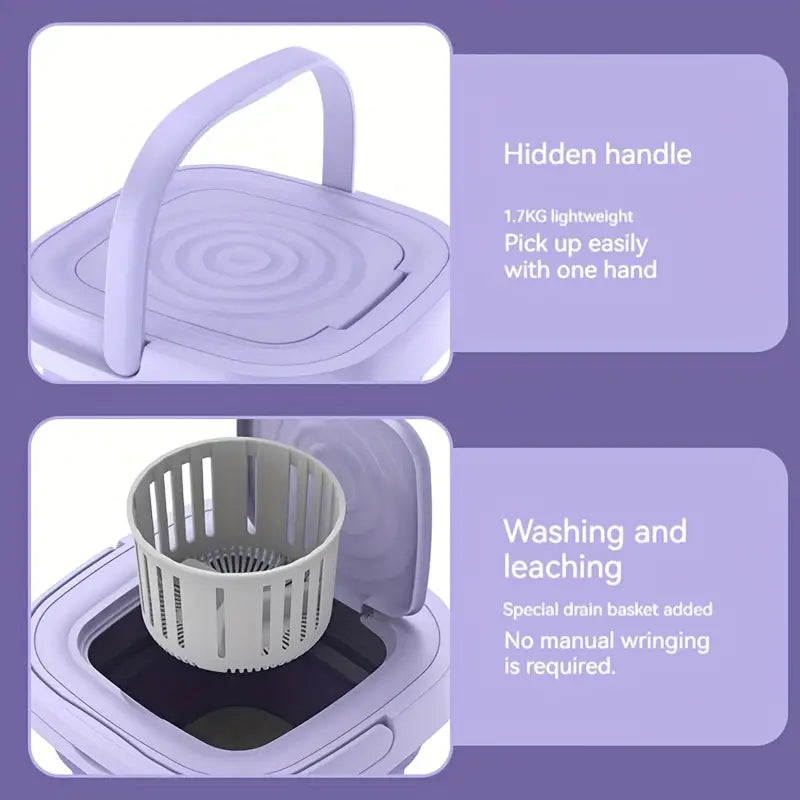 Portable Mini Washing Machine - Collapsible, 8L Capacity, 3 Sterilizing Modes, Purple