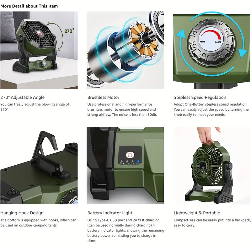 Portable Rechargeable Camping Fan - 7800mAh Battery, Cordless, USB Operated, Wireless, Hanging Hook
