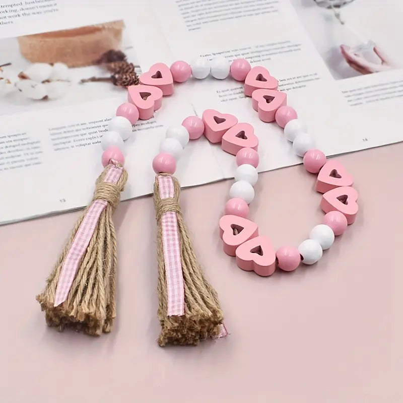 Valentine's Day Love Wood Beads Garland - Hemp Rope Tassel Decor (Model: Beads L116)