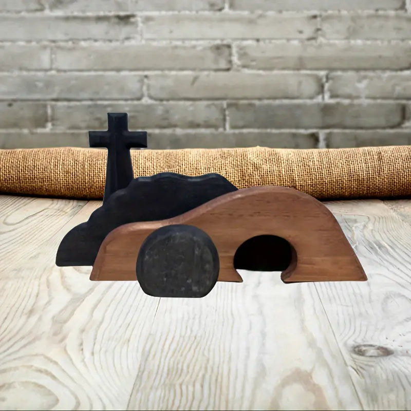 Handcrafted Wooden Cross Empty Tomb Easter Statue Set - Maple and Hickory Hardwood