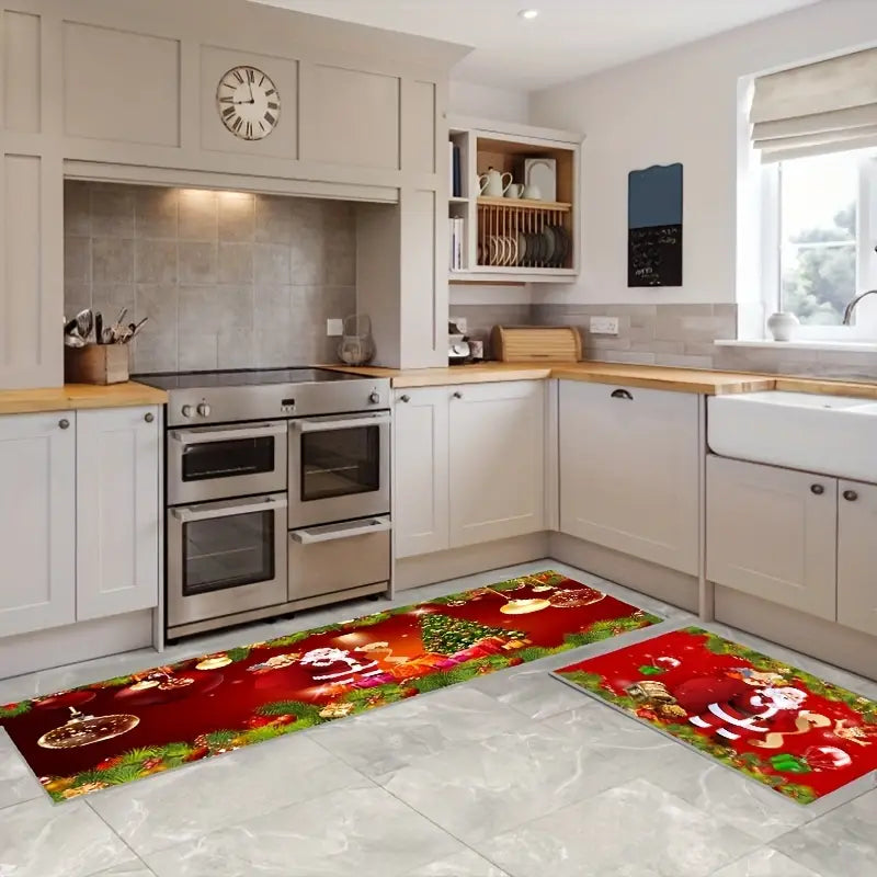 Add Festive Cheer with 2pcs Red Santa Claus Kitchen Mat Set