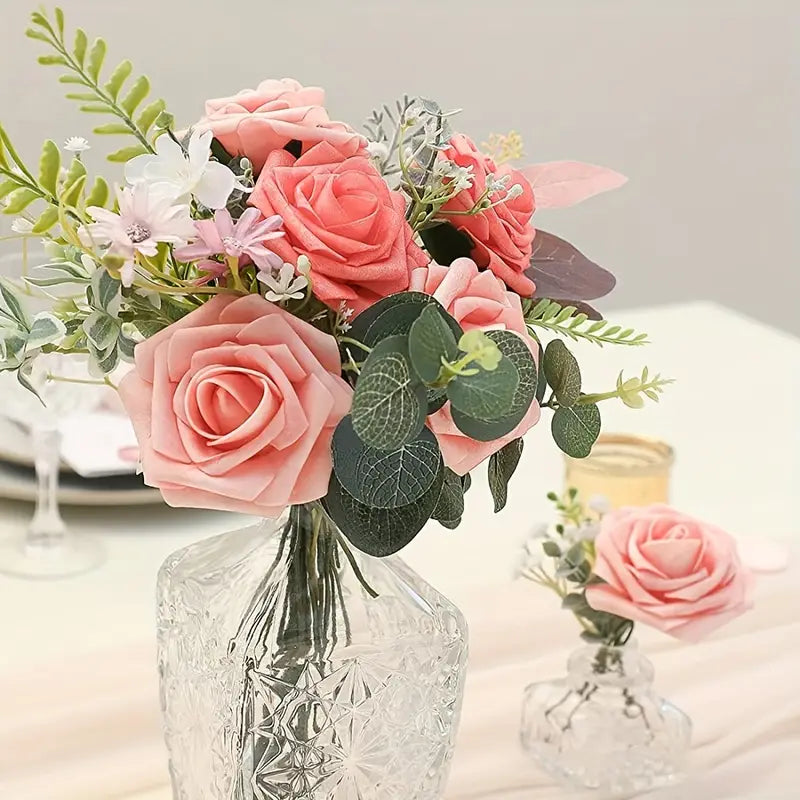 25-Piece Retro Deep and Light Coral Artificial Roses Set with Real Touch Feel