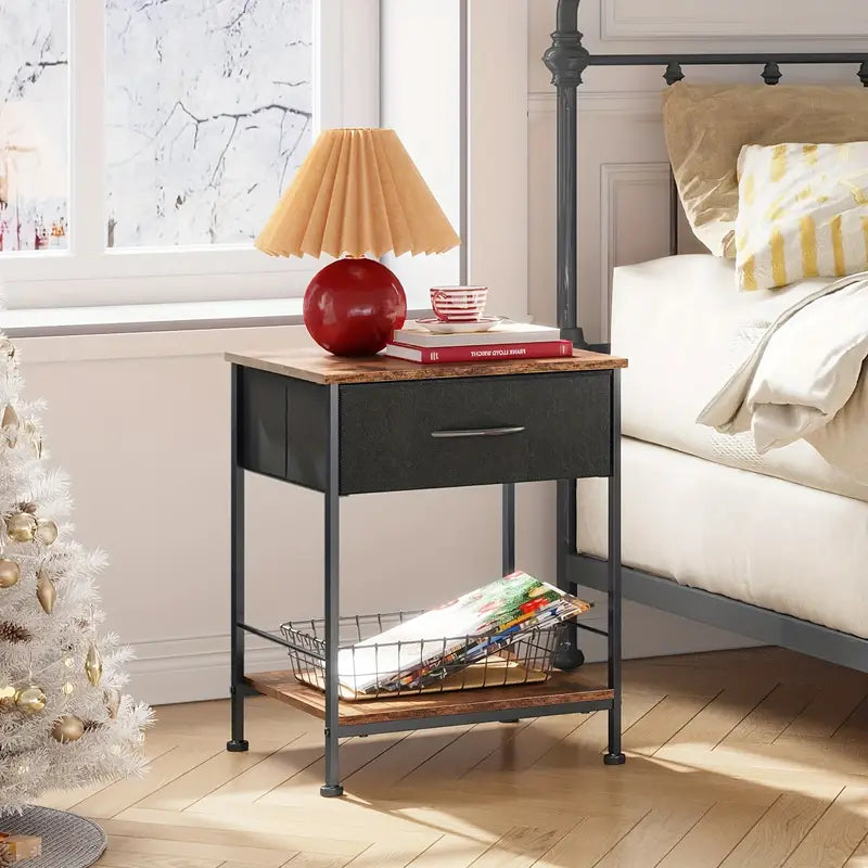Rustic Black Metal Nightstand with Fabric Drawer