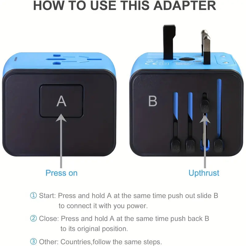 Universal Travel Adapter with 4 USB Ports and Type-C Port - Blue