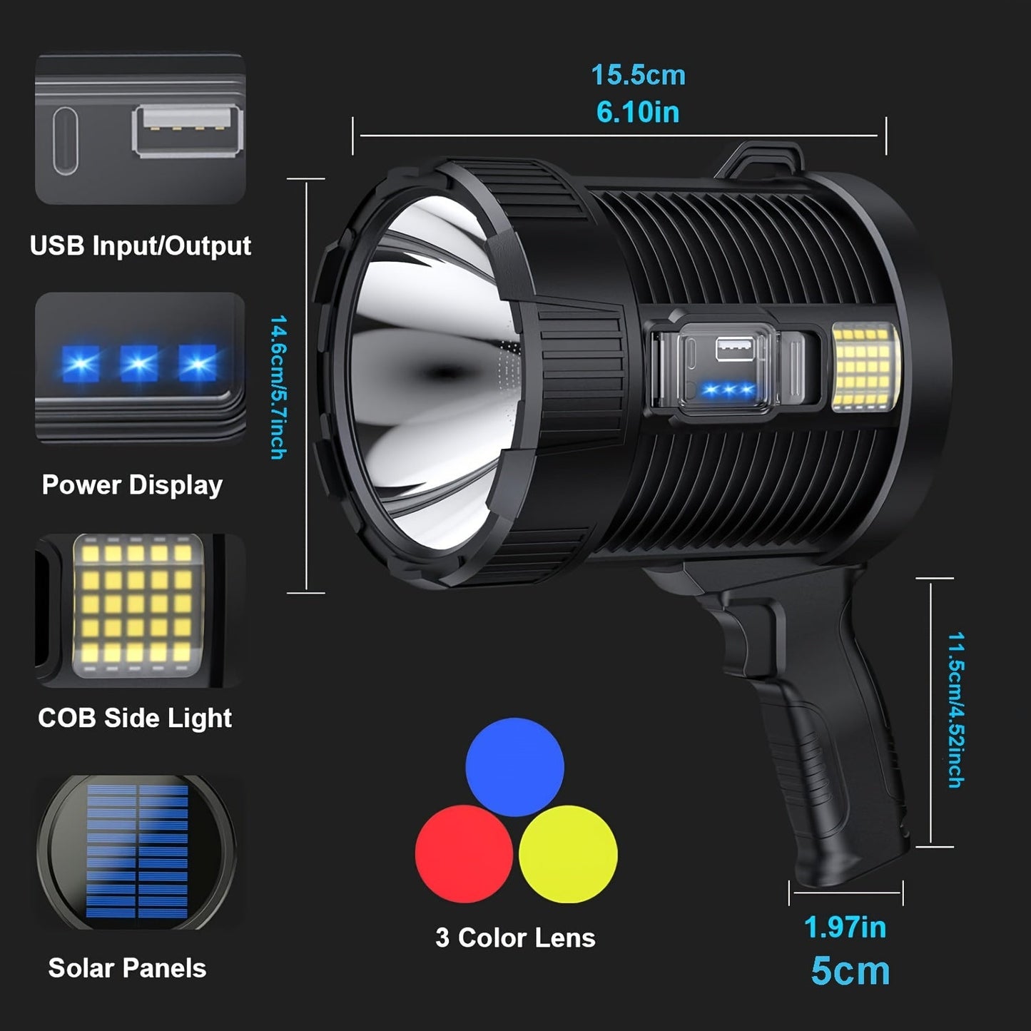 Solar Rechargeable LED Spotlight 800 Lumens 6 Modes