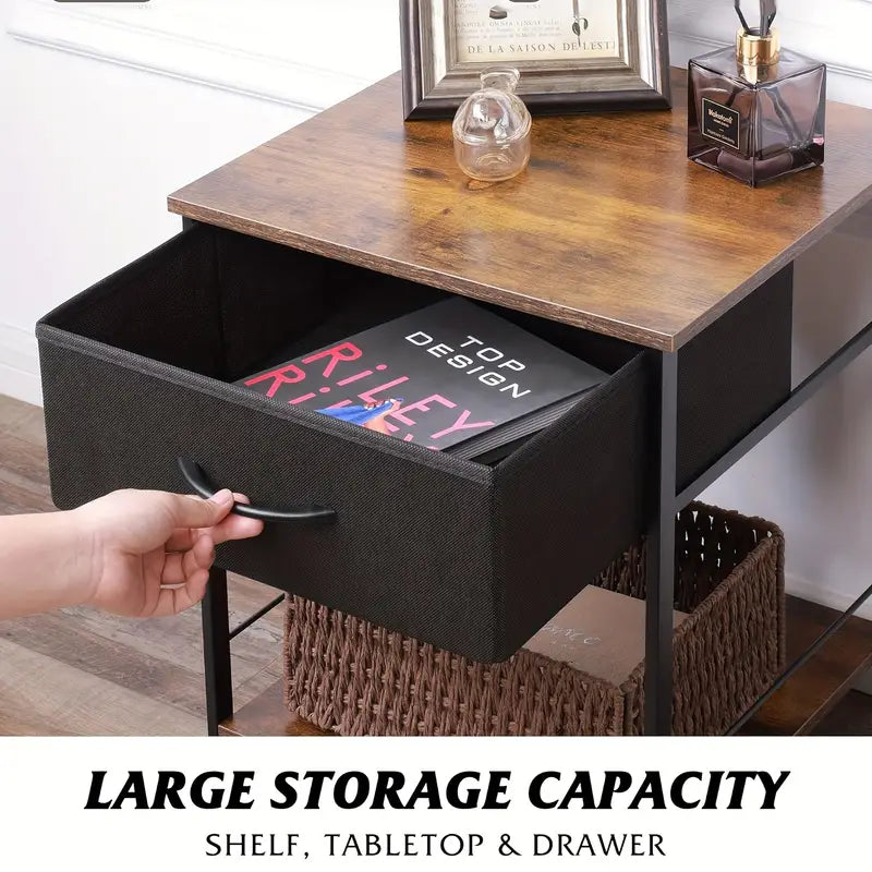 Rustic Black Metal Nightstand with Fabric Drawer