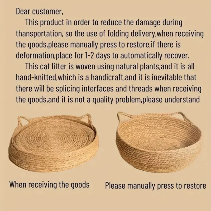 Cat Ear Shape Thickened Woven Cat Scratching Board Pet Bed - Khaki White