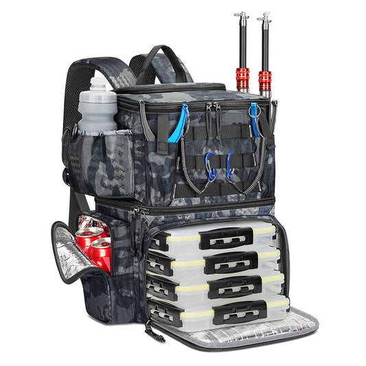 Fishing Tackle Backpack with Rod Holder & Trays