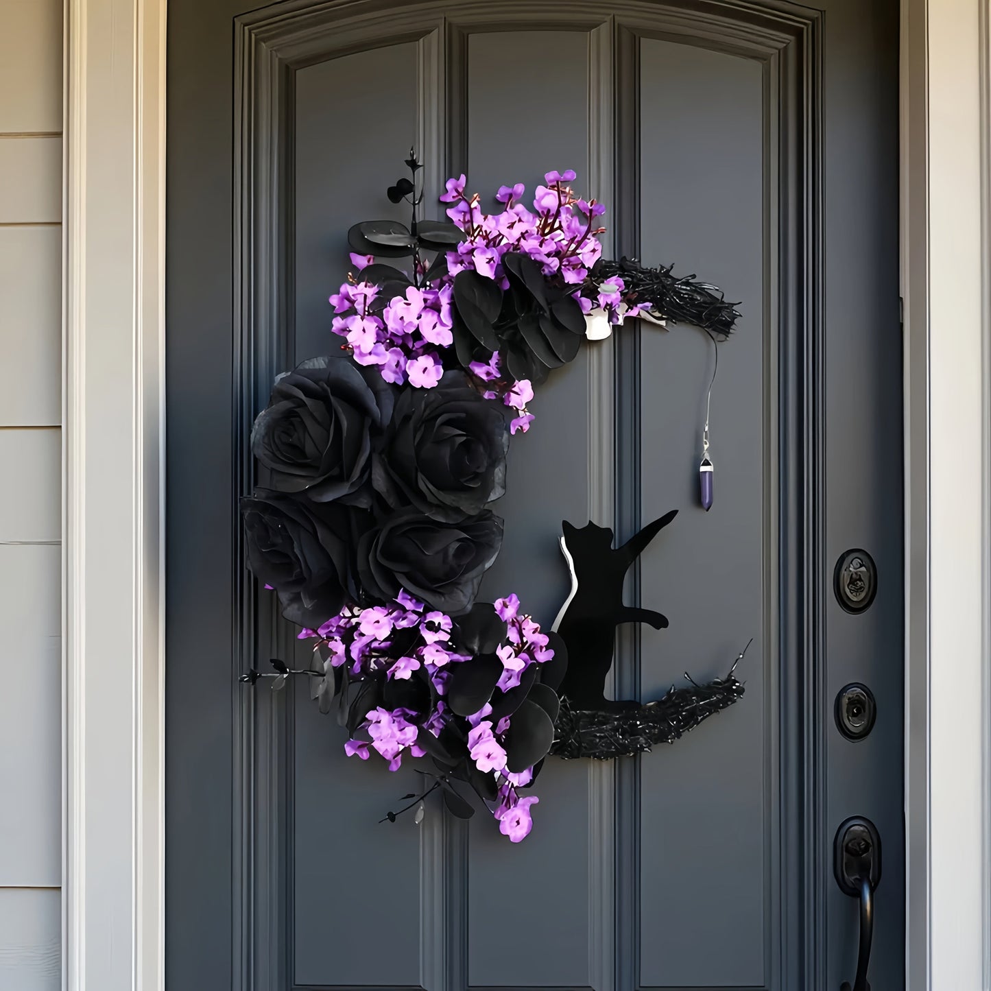 Halloween Black Cat Crescent Moon Wreath