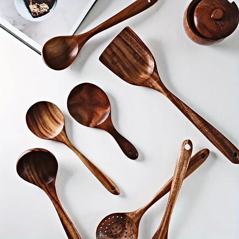 7-Piece Natural Teak Wooden Spoons for Cooking Set