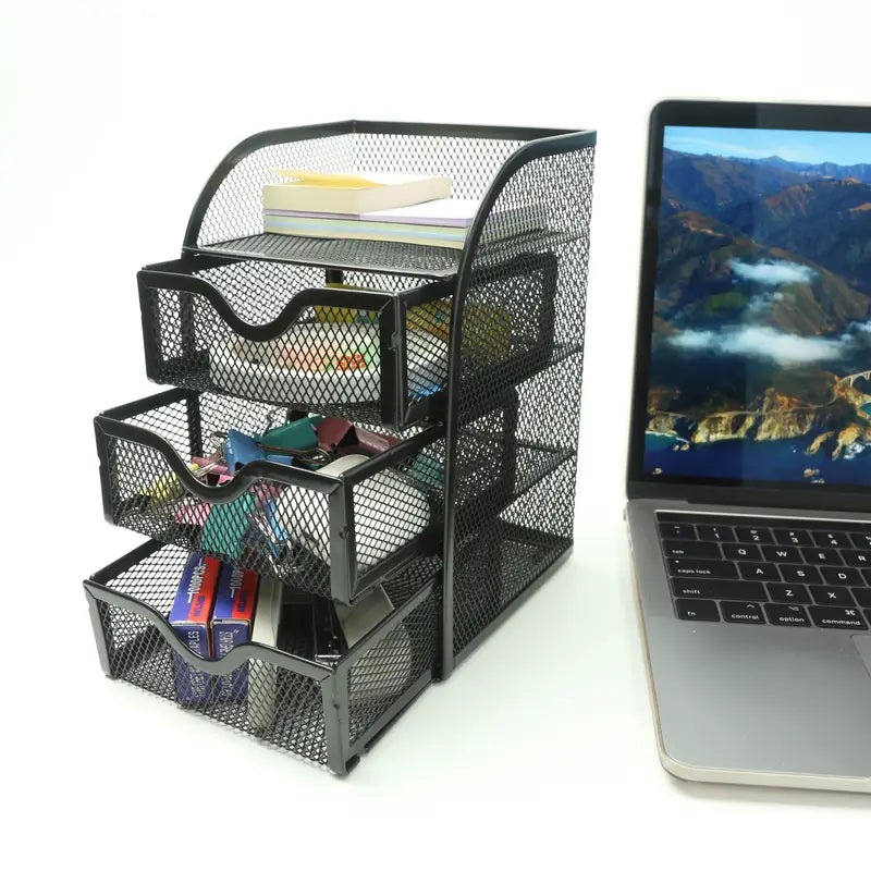 4 Tier Mesh Desk Organizer with 3 Drawers - Efficient Desk Organization