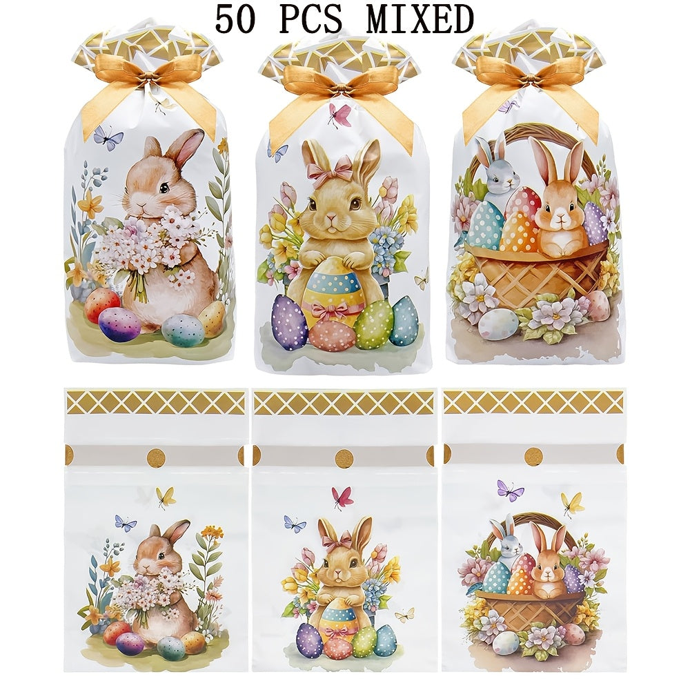 50-Pack Easter Bunny Gift Bags with Ribbons