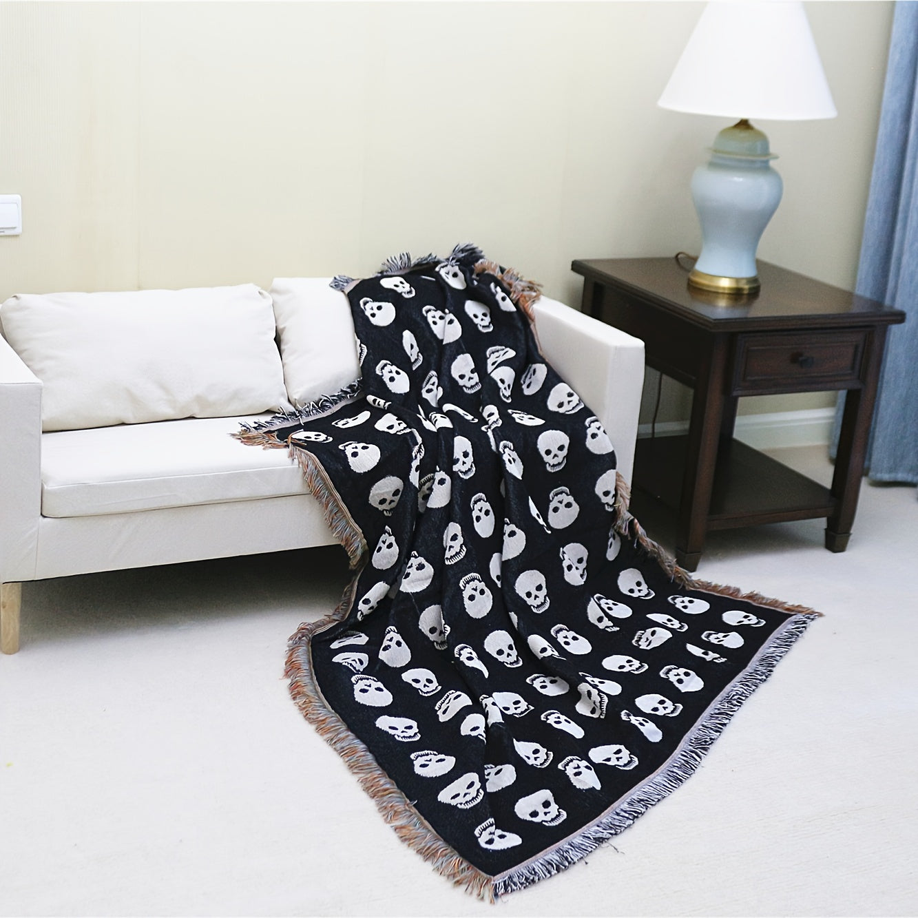Cozy Bohemian Blanket with White Skull Print & Tassel Trim