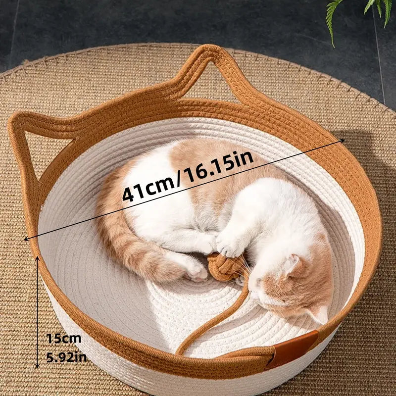 Cat Ear Shape Thickened Woven Cat Scratching Board Pet Bed - Khaki White