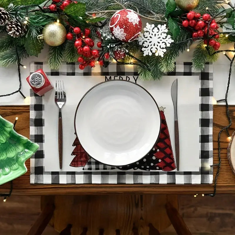 Set of 4 Buffalo Plaid Christmas Trees Placemats - Festive Winter Table Mats