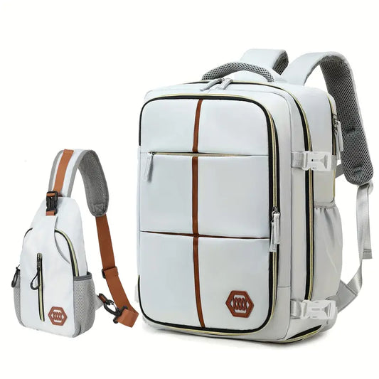 Travel Backpack with Airline-Approved Laptop Compartment and Shoes Compartment - Silver Gray and Chest Bag