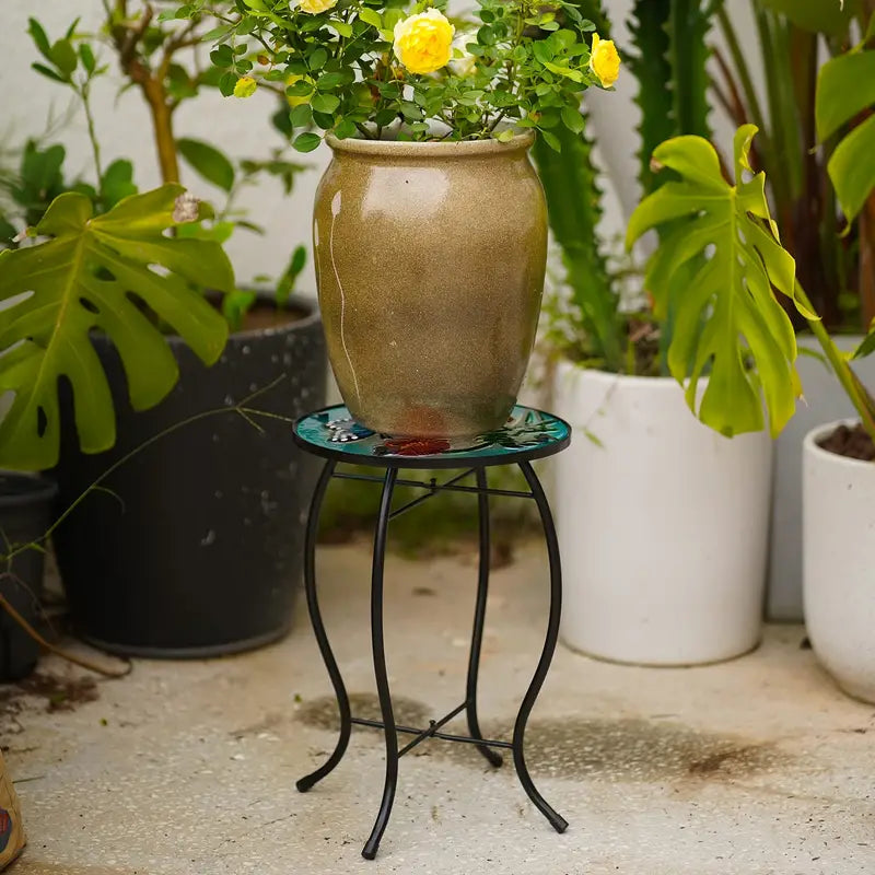 Terrance Floral Patio Side Table - Small Outdoor Glass End Table