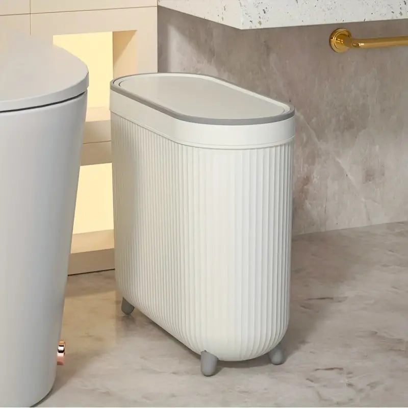 Compact Toilet Trash Can with Quiet Close Lid - White Gray Plastic, Space-Saving Design