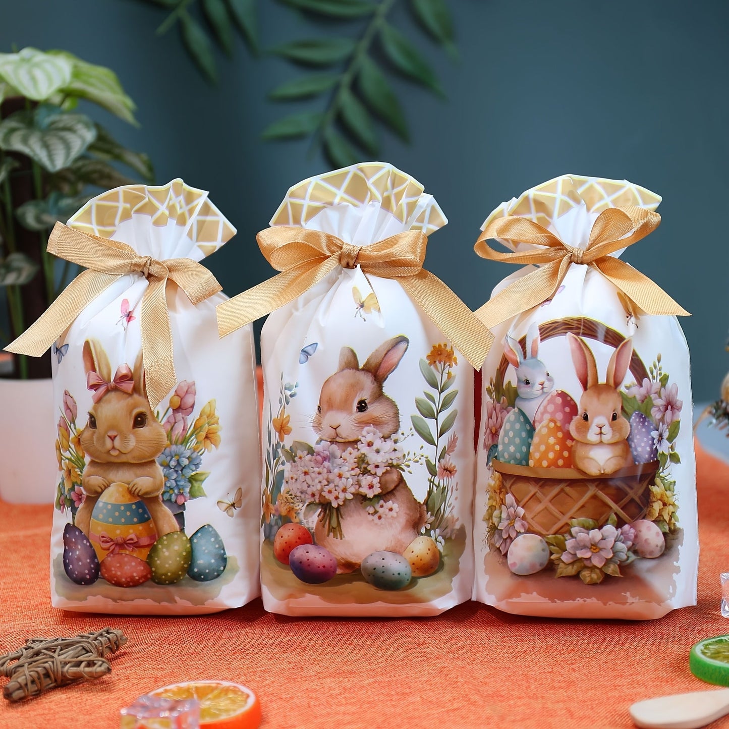 50-Pack Easter Bunny Gift Bags with Ribbons