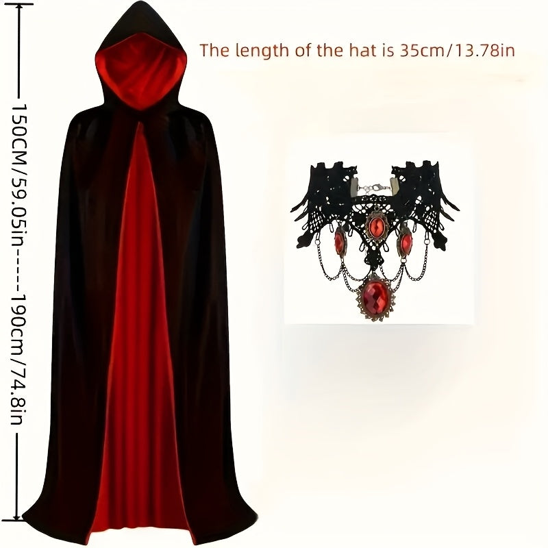 Halloween Vampire Cape Set with Necklace Earrings Hood