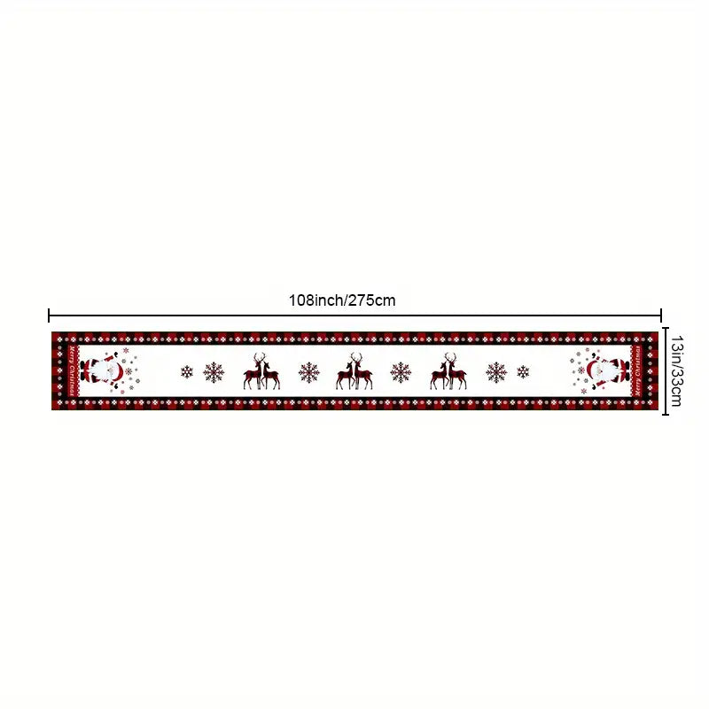 Seasonal Winter Holiday Table Runner - Red and Black Buffalo Check Plaid with Santa Claus & Snowflake Patterns