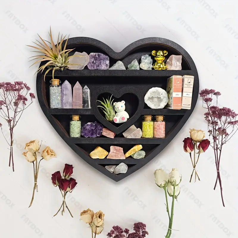 Two hearts intertwine in this beautifully crafted crystal wood shelf