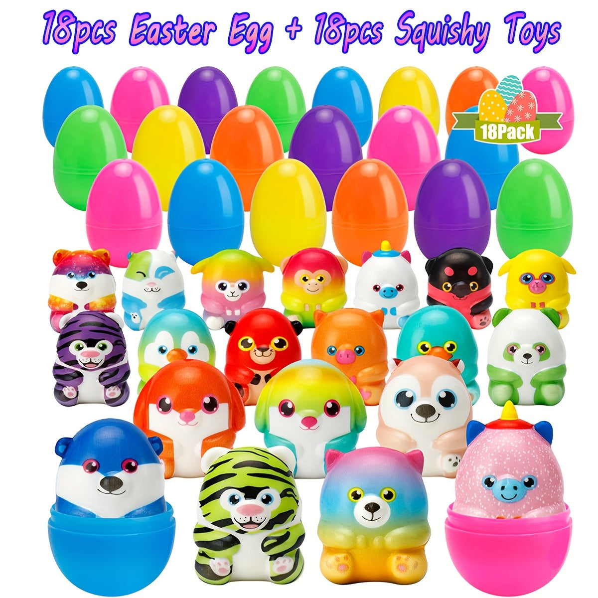 18 Sets Prefilled Easter Eggs with Mini Squishy Toys