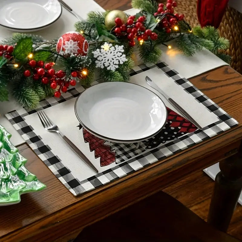 Set of 4 Buffalo Plaid Christmas Trees Placemats - Festive Winter Table Mats