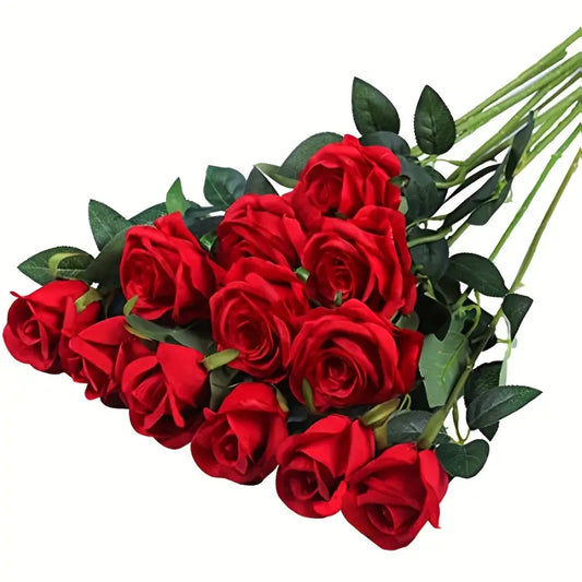 12-Piece Realistic Artificial Rose Bouquet - Red Long Stem Roses for Floral Arrangements