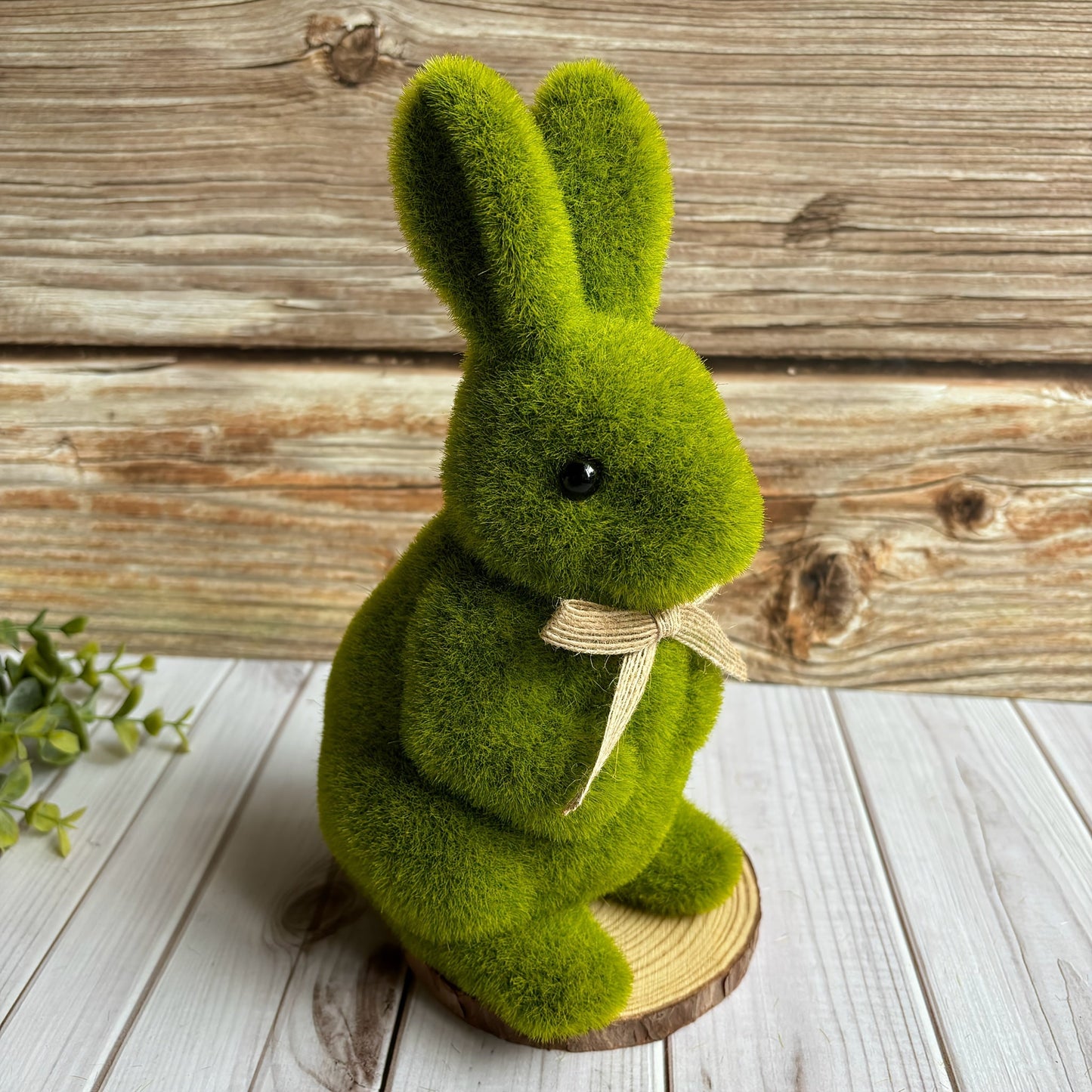 Green Flocked Bunny Rabbit Statue