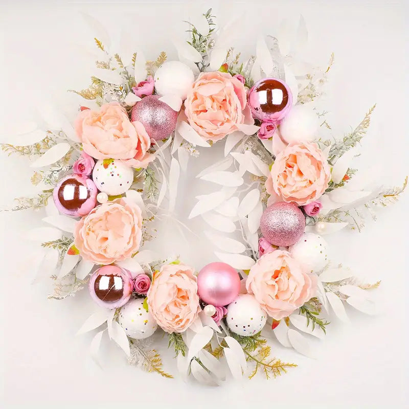 Blushing Elegance: A Pink Christmas Wreath Adorned with Baubles
