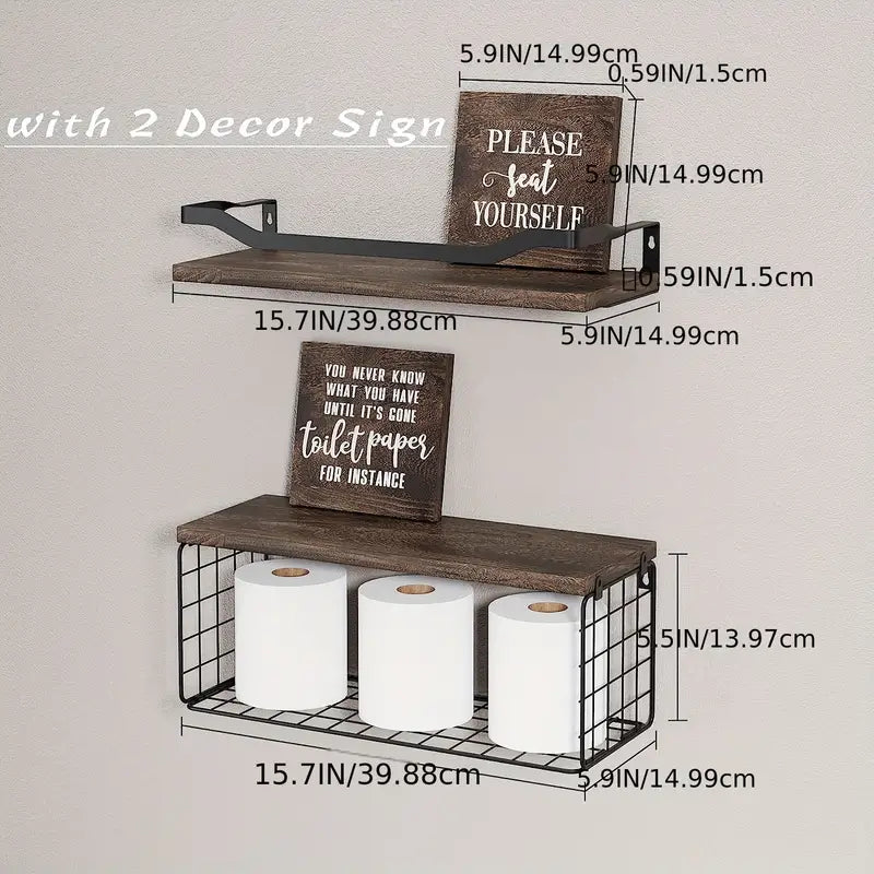 Rustic Charm: Wood Bathroom Shelves with Storage and Towel Bar