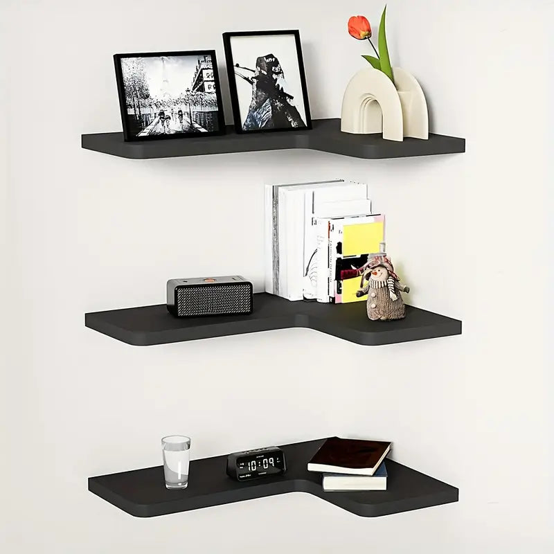 Contemporary Black Corner Floating Shelves - Set of 3