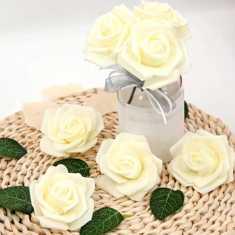50pcs Ivory Artificial Foam Rose Flower Heads - 7.5cm | Elegant Bulk Decor