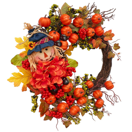 Halloween Autumn Scarecrow Wreath with Pumpkins