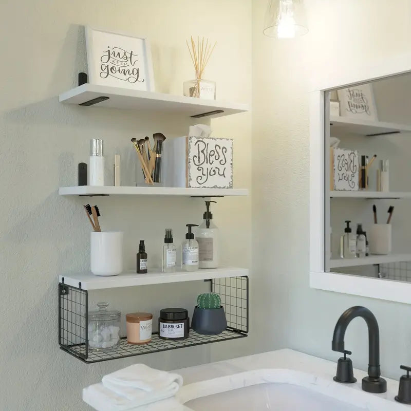Elevate your bathroom decor with these sleek wood floating shelves
