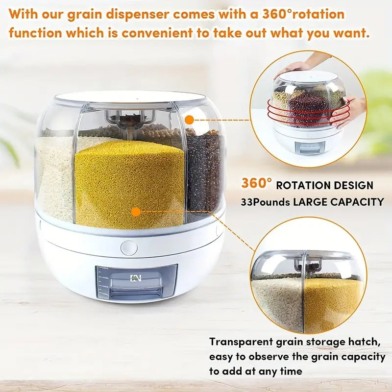 360° Rotating Cereal Dispenser with 6 Grids - White