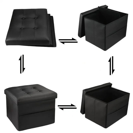 Black PU Leather Storage Ottoman: Folding Foot Stool with Thicker Foam