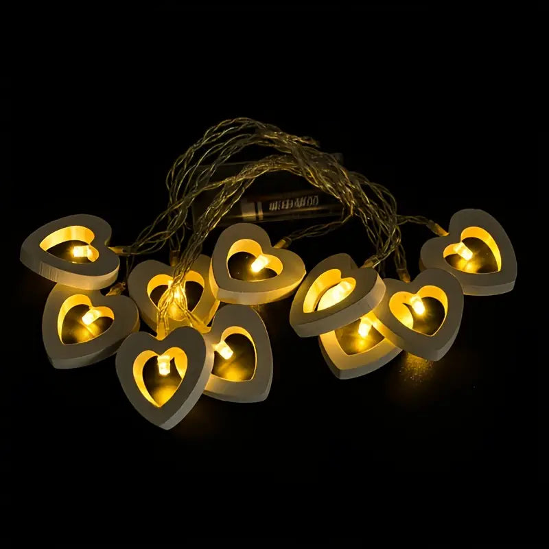 Romantic LED Heart-Shaped Wooden String Lights - 10 Lights, 4.9ft, Battery-Power(Warm White)ed