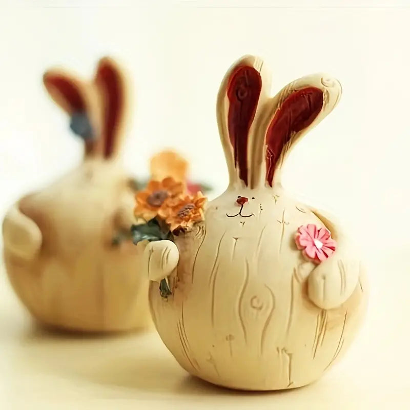 Easter Resin Decorations - Charming Rabbit Lovers Picking Flowers (Set of 2)