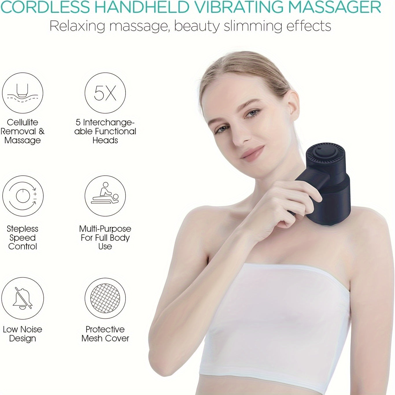 Cordless Handheld Body Massager with 5 Replaceable Heads(Black)