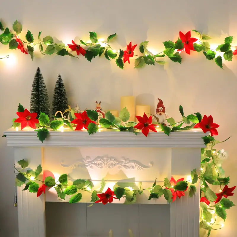 LED Lighted Christmas Red Flower Rattan Decoration - Battery Operated