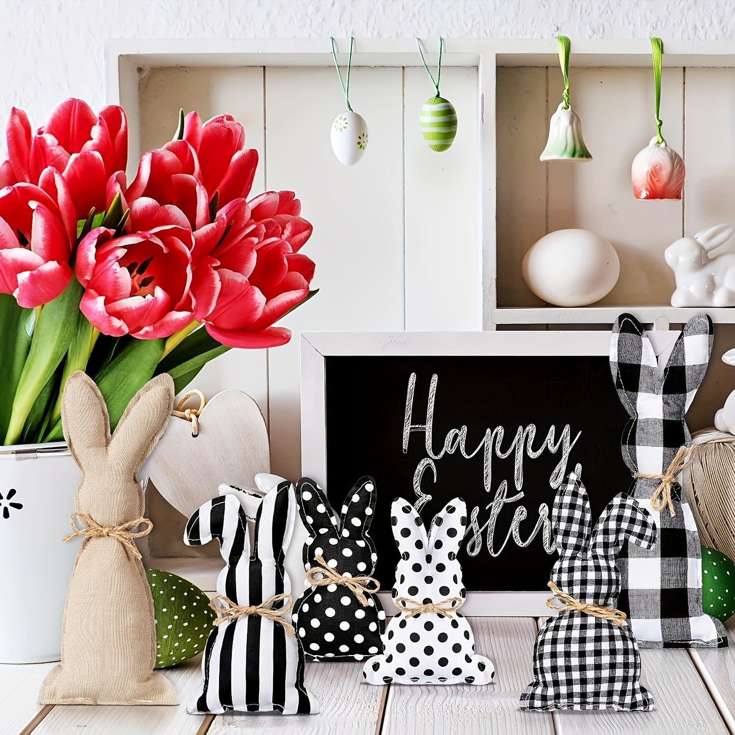 Set of 6 Easter Bunny Decor with Polka Dot Baskets